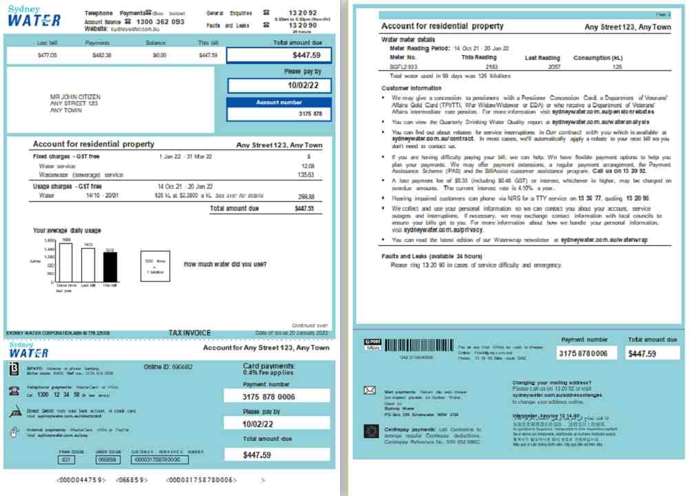 Australia Sydney Water utility bill, Word and PDF template, 2 pages